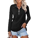 TICTICMISS Women's Long Sleeve Shirts Quarter Zip Pullover Collared V Neck Tops Fall Blouses