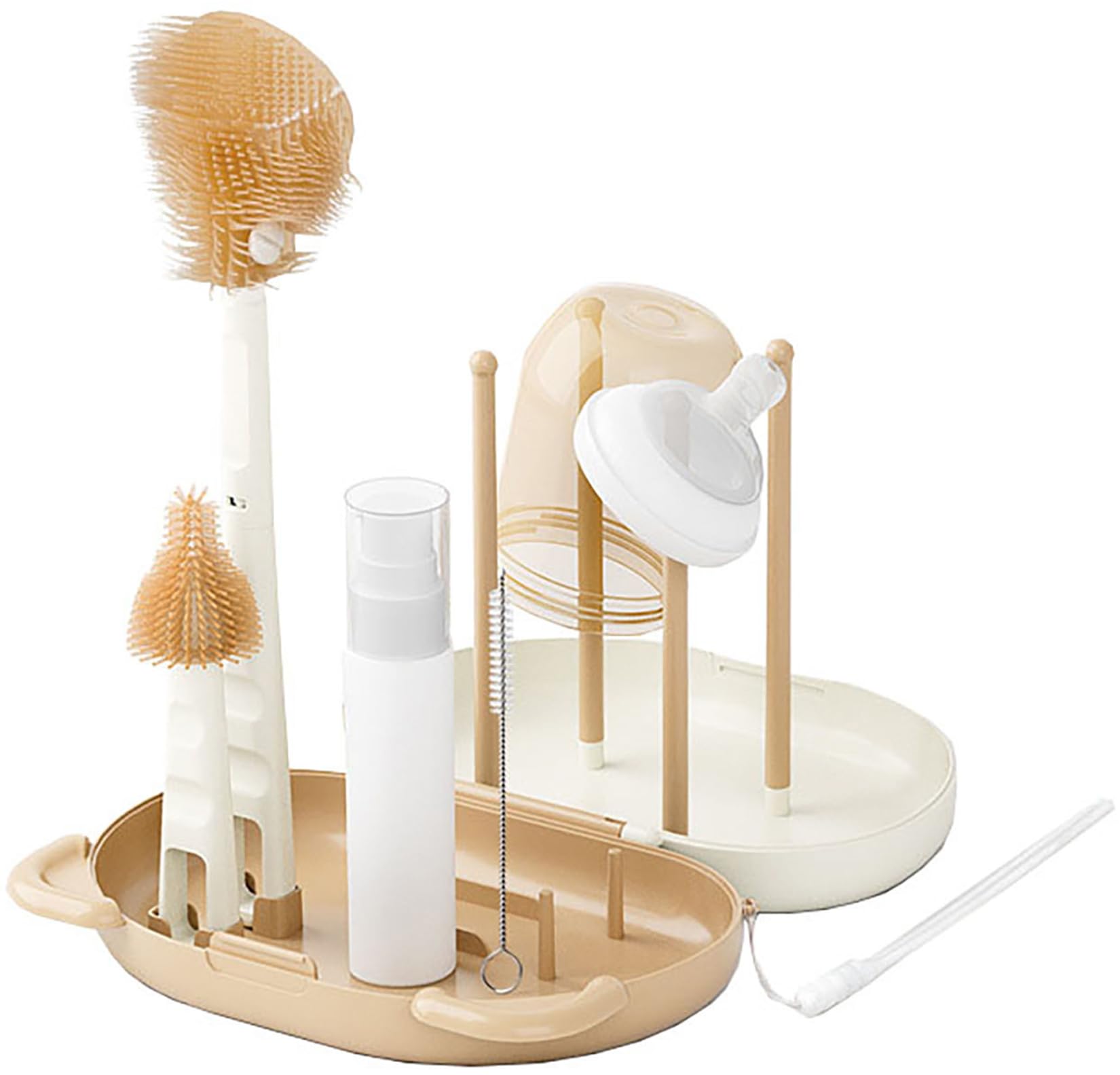 Hoerev Portable Baby BPA-Free Bottle Brush Set Include Pacifier Brush, Straw Brush, draining Rack, Portable Box, Beige