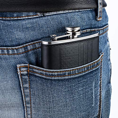 YFS Whiskey Flask With American Flag for Liquor and Funnel, 8 Oz Leak Proof Stainless Steel Pocket Hip Flask with Soft Touch Leather Cover, Black Flask for Men