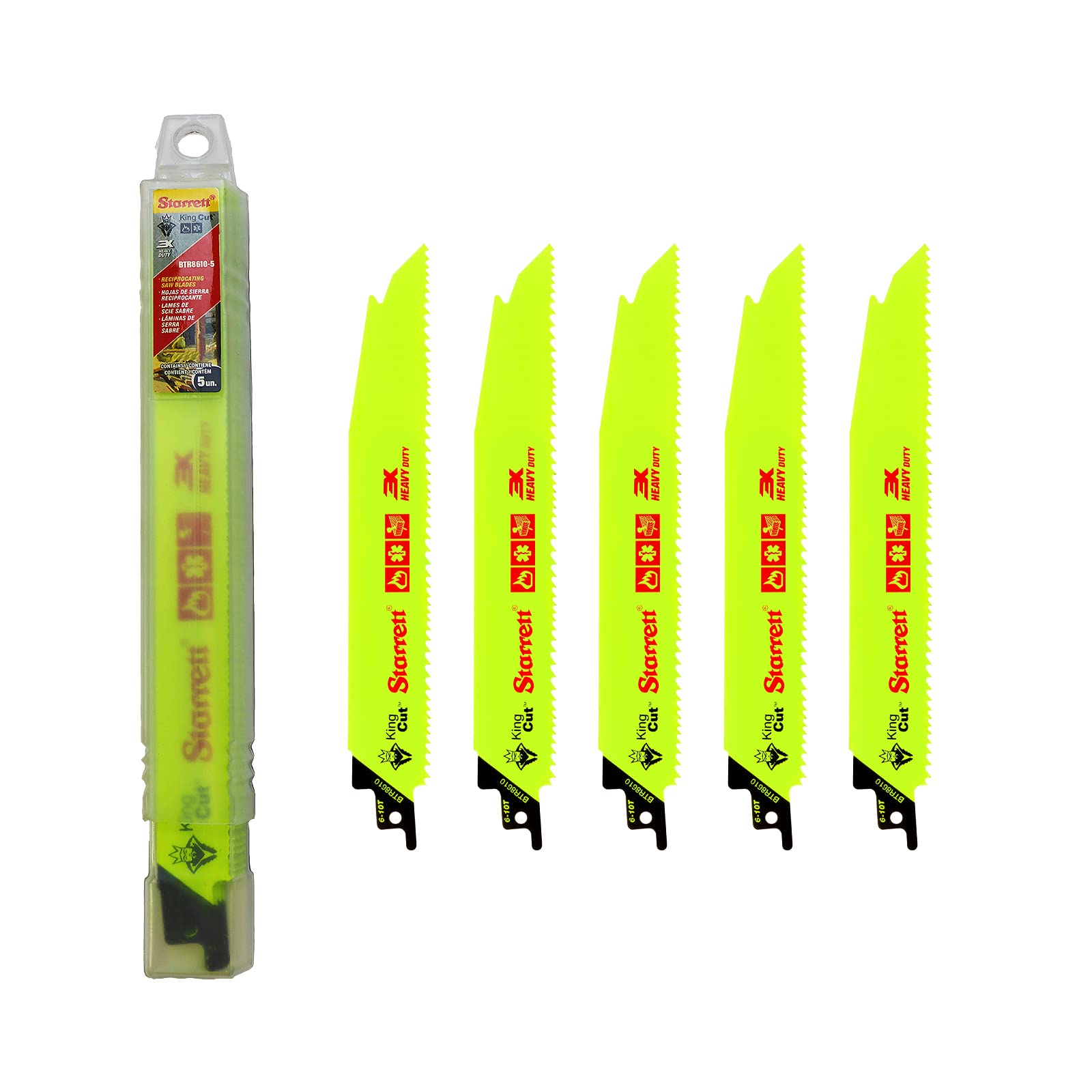 Starrett Bi-Metal Reciprocating Saw Blade - 5 Pieces BTR8610-5 King-Cut 200 mm/8" Inch 6-10TPI Unified Shank Heavy Duty Cutting - Compatible with Bosch Dewalt Makita & Many Others