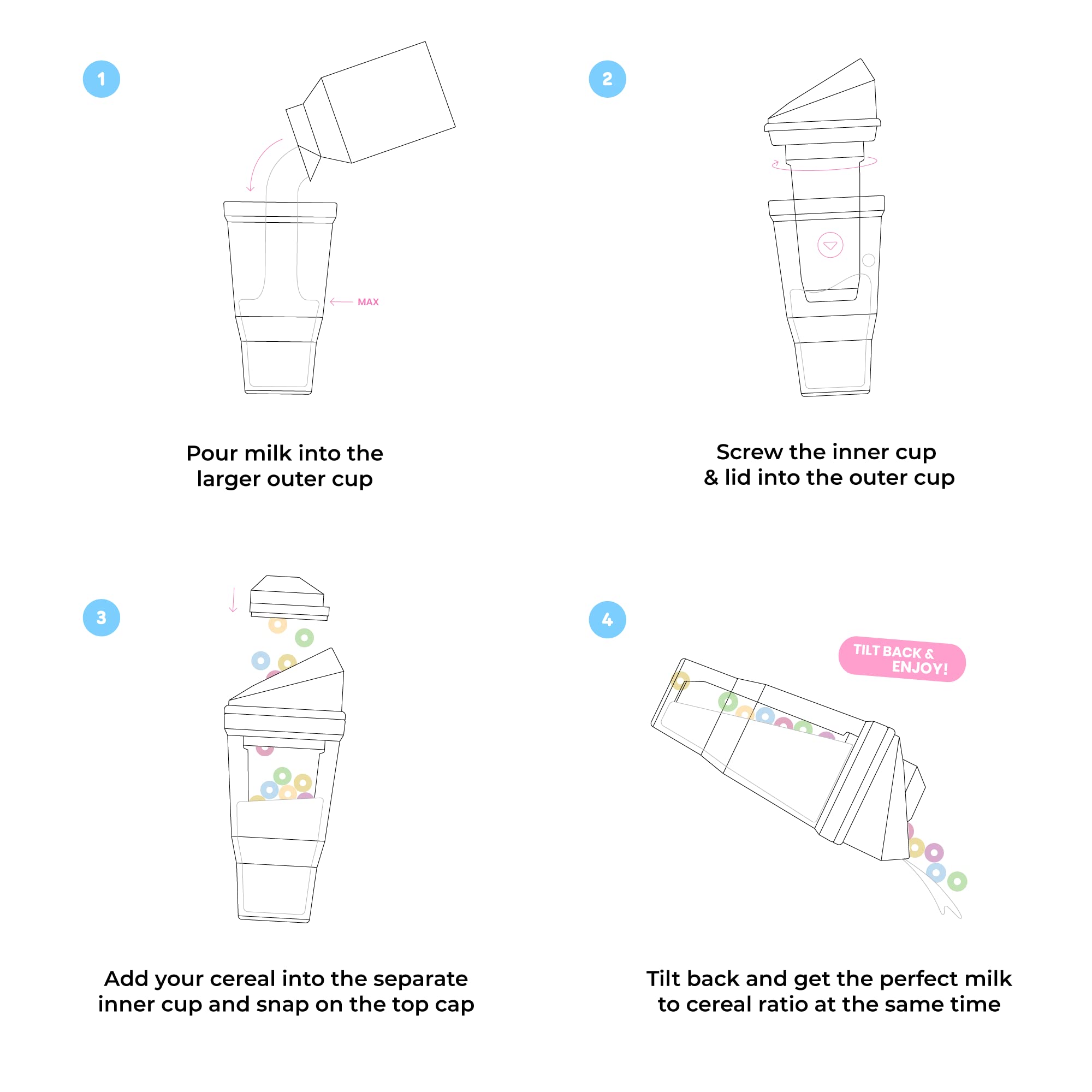 CRUNCHCUP XL White - Portable Plastic Cereal Cups for Breakfast On the Go, To Go Cereal and Milk Container for your favorite Breakfast Cereals, No Spoon or Bowl Required