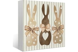 Mtrgdn Easter Decorations Rustic Bunny Rabbit Spring Indoor Wood Blocks Sign Decor,Happy Easter Wooden Box Sign Block Plaque for Farmhouse Living Room Shelf Desk Decor 5x5 Inch