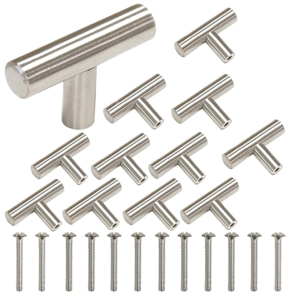 Kitchen Cabinet Drawer Knobs Cupboard Pull Handles, 12 Pieces T Brushed Stainless Steel Handles Modern Drawer Handle Furniture Knobs for Bedroom, Bathroom, Kitchen, Living Room, Study Etc (Silver)