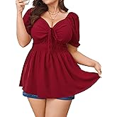 SCOMCHIC Women's Plus Size Blouses Sweetheart Neckline Short Sleeve Summer Babydoll Ruffle Peplum Cute Casual Boho Tops