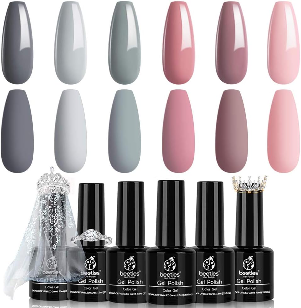 Beetles BRIDESMAID BEAUTY Classic Gel Nail Polish Set - Nude Gray Pink 6 Colors Gel Polish Kit Popular Nail Art Design Soak Off LED Lamp Nail Polish Gel Manicure Kit Holiday Git Set : Beauty