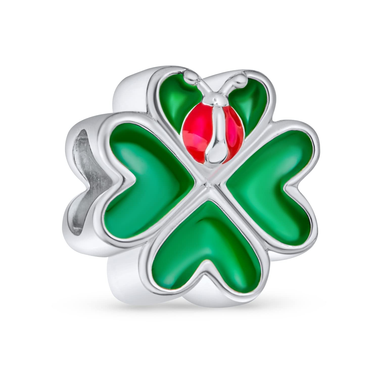 Bling Jewelry Good Luck Lucky 3D Red Lady Bug Irish Shamrock Enamel Green Heart Clover Charm Bead For Women Teens .925 Sterling Silver Fits European Bracelet