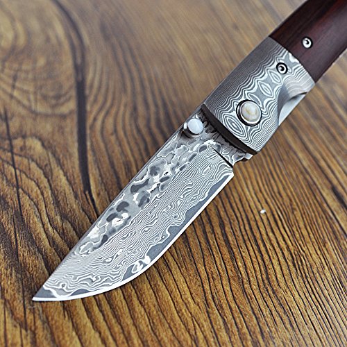 KUBEY Hunting Folding Knife Damascus Steel Blade Thumb Open Gentlemans Pocket Knife for Outdoor Camping Tactical Survival Tool(#DM051-Rosewood Handle) - Thumbnail 5