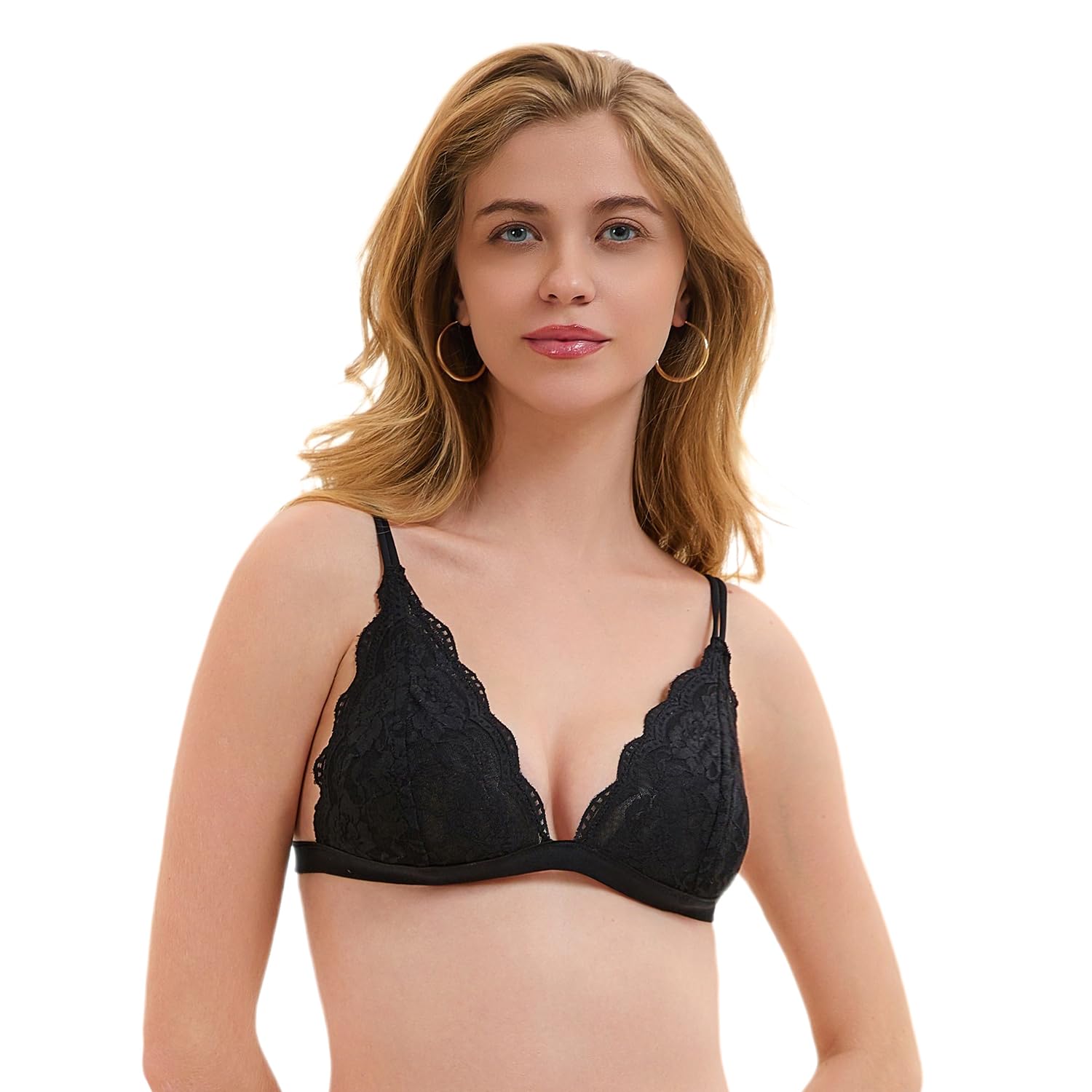Photo 1 of MookiFree Women's Floral Lace Bralette Triangle Wireless Bra with Adjustable Straps V Neck Soft & Comfortable Unpadded Bras for Women Black