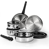 ROYDX16 PCS Pots and Pans Set,18/10 Stainless Steel Cookware Set with Adjustable Detachable Handles for RV,home Dishwasher Safe and Oven Safe