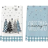 Artoid Mode Blue Xmas Tree Merry Christmas Kitchen Towels Dish Towels, 18x26 Inch Buffalo Plaid Snowflakes Winter Decoration Hand Towels Set of 2