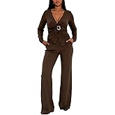 AWASIR Womens Casual Two Piece Outfits Wrap V Neck Crop Top and Flare Pants Set with Pockets