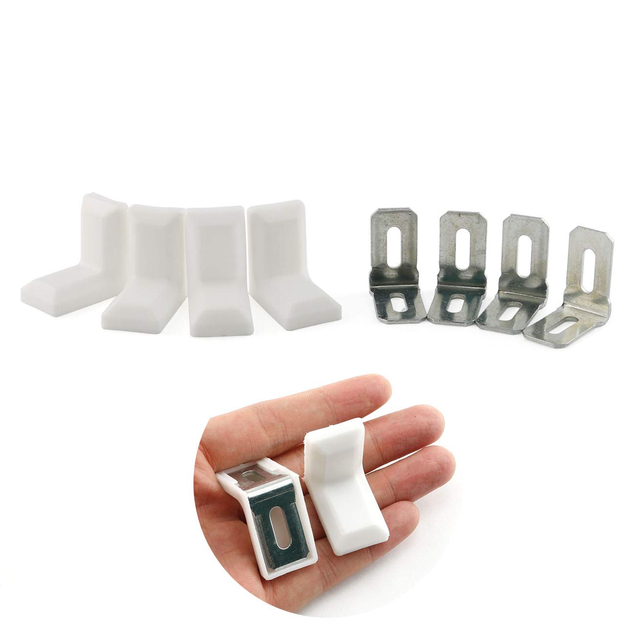 E-outstanding 20pcs 90 Degrees L Shape Metal Corner Bracket White with Plastic Cover and 40pcs M4x16mm Screws Hardware Adjustable Hanging Right Angle Furniture Corner Brace Joint