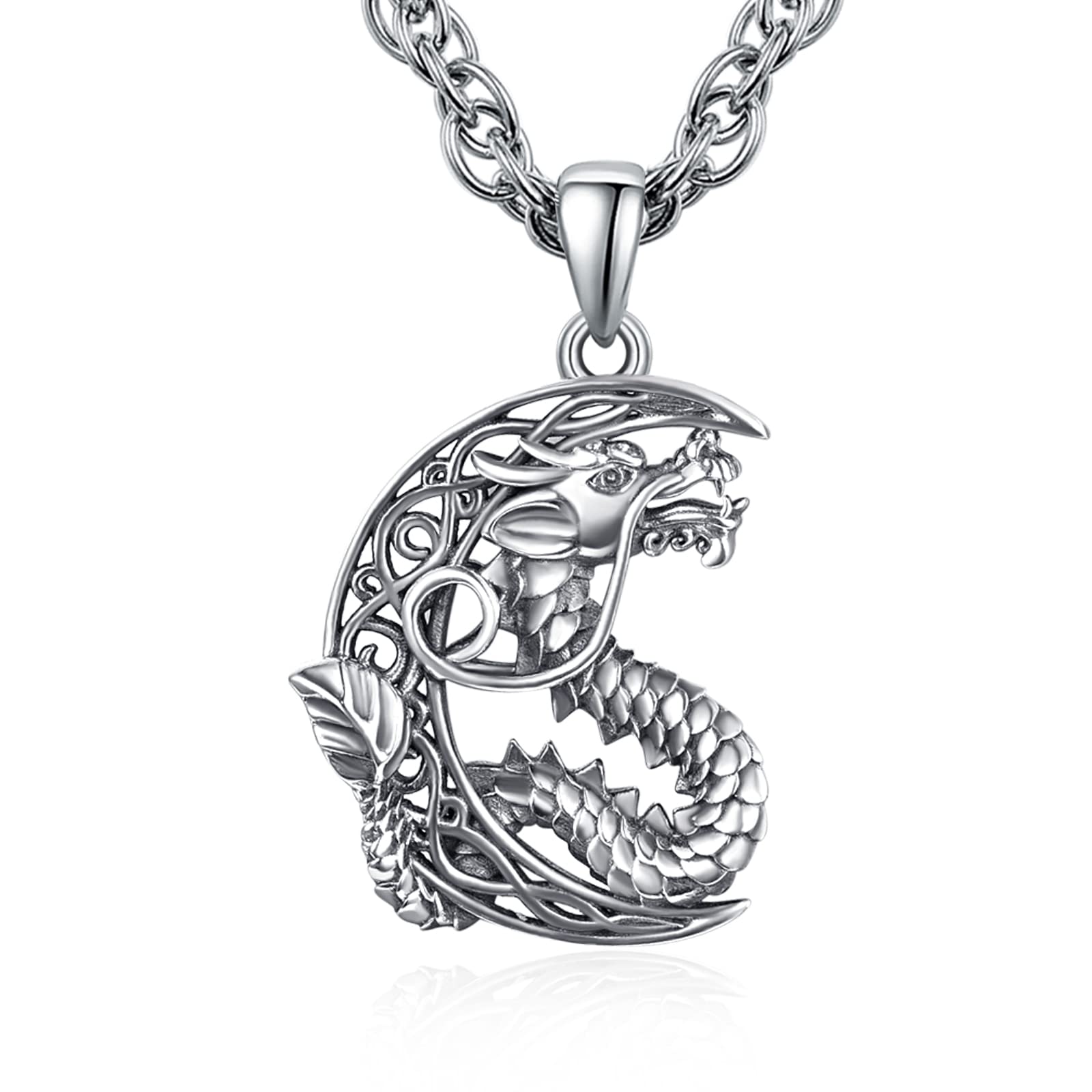 Dragon Necklace 925 Sterling Silver Celtic knot Moon Necklace Dragon Gift for Men Women Stainless Steel Chain 55cm