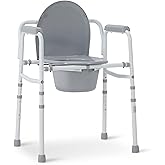 Careboda Folding Steel Bedside Commode Chair, Portable Extra Wide Seat with Bucket Splash Guard, Sturdy Folding Frame with 5 