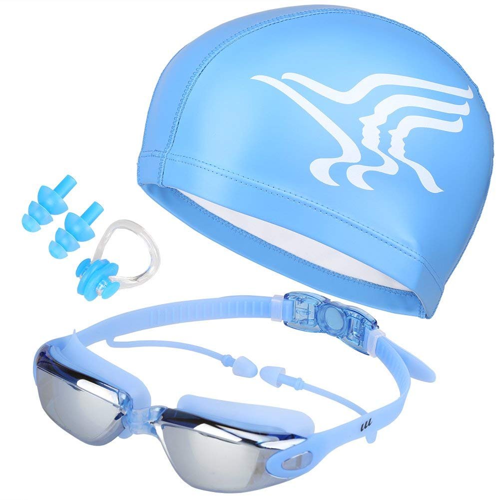 Adjustable Swimming Goggles & Cap Set, No Leak Anti-Fog UV Protection Triathlon with Nose Clip Ear Plugs Case for Adult Men Women Youth (Blue)