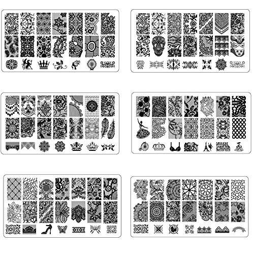 WOKOTO Nail Art Stamping Plate Stamper Scraper Set Lace Flower Image 6Pcs Nail Art Template With 1 Stamper 1 Scraper Manicure Plates kit