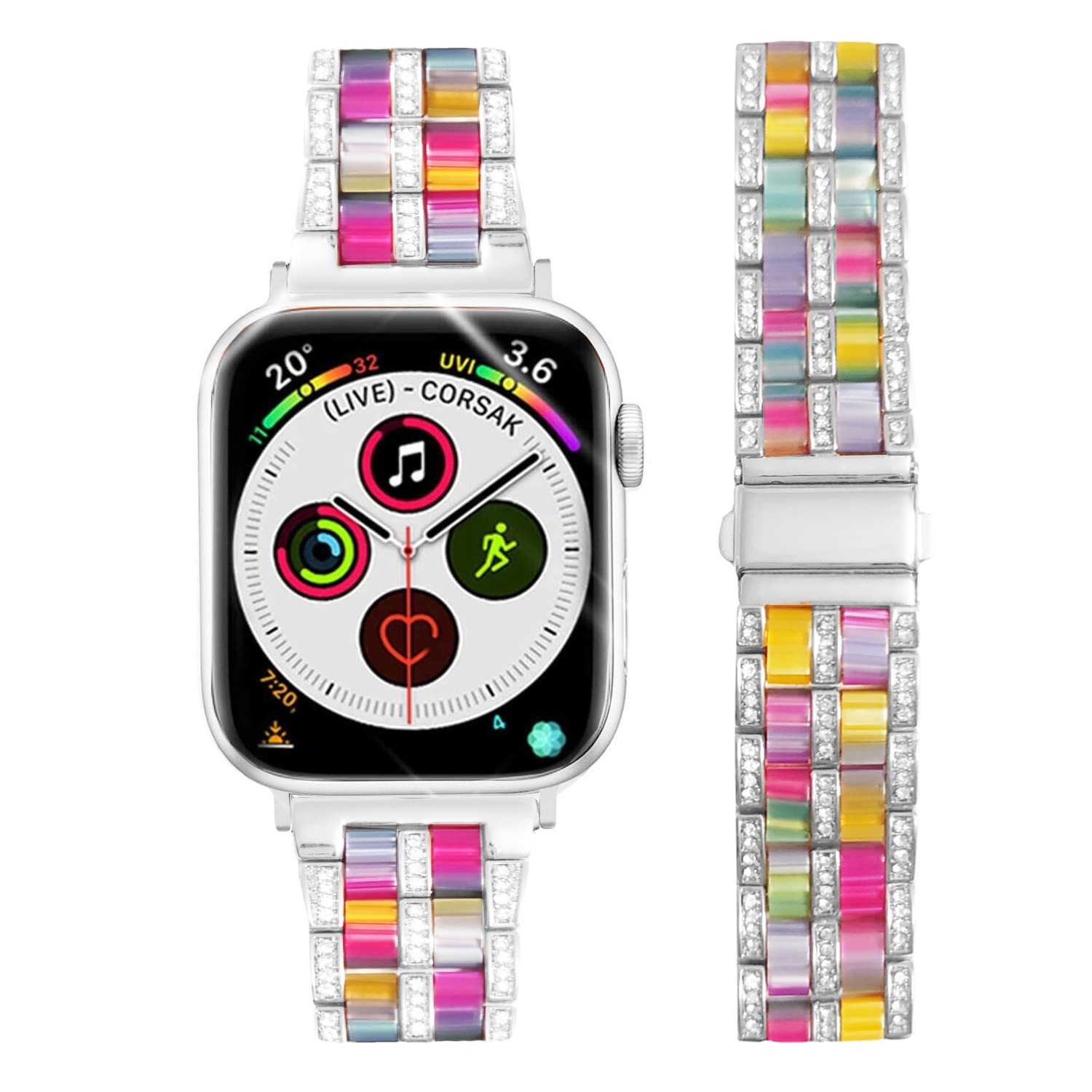 DEALELE Strap Compatible with iWatch 38mm 40mm 41mm, Luxury Resin Rhinestone Metal Replacement Bands for Apple Watch Series 9/8 / 7/6 / 5/4 / 3 / SE/Ultra Women Men (Silver-Rainbow) — image 1