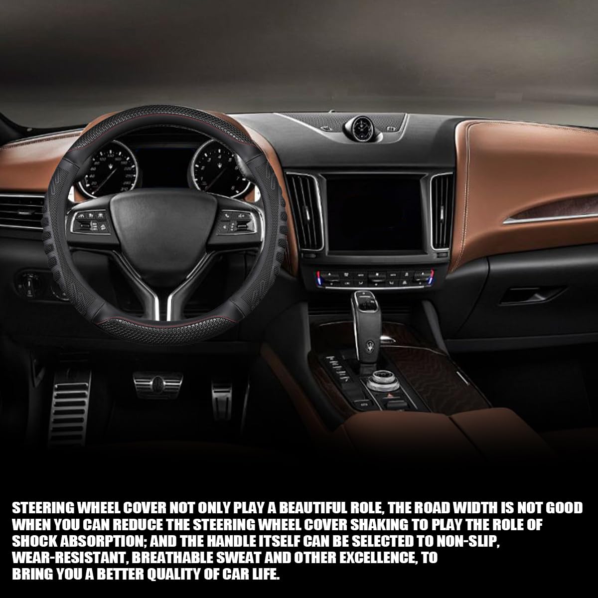 Car Steering Wheel Cover, Anti-Slip Leather Breathable Comfortable Automotive Steering Wheel Cover Protector Decoration for Men and Women, 15 Inch Universal for SUV, Truck, RV（Black）