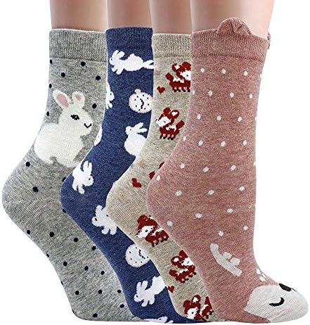 Women Casual Socks Animal Design Cartoon Socks Pack of 4 Bunny + Elk