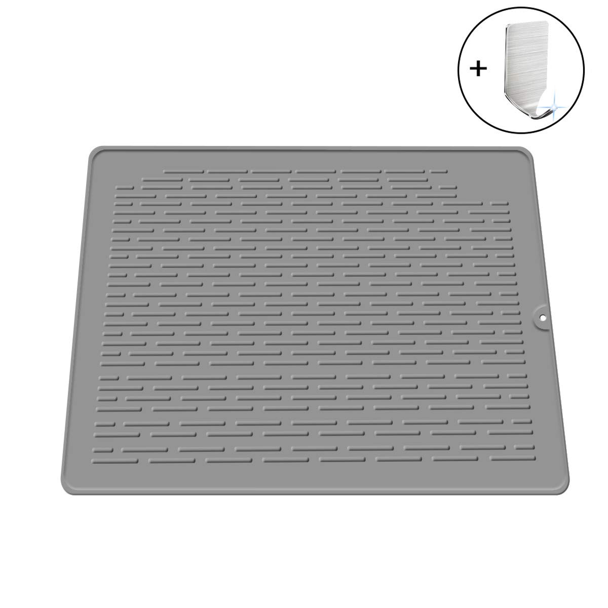JXJFOZ Silicone Drying Mat, 45 x 40 cm, Dish Drying Mat, Dish Drying Mat, Drip Mat, Rubber Non-Slip Dish Mat with Hooks (Grey, Large XL)