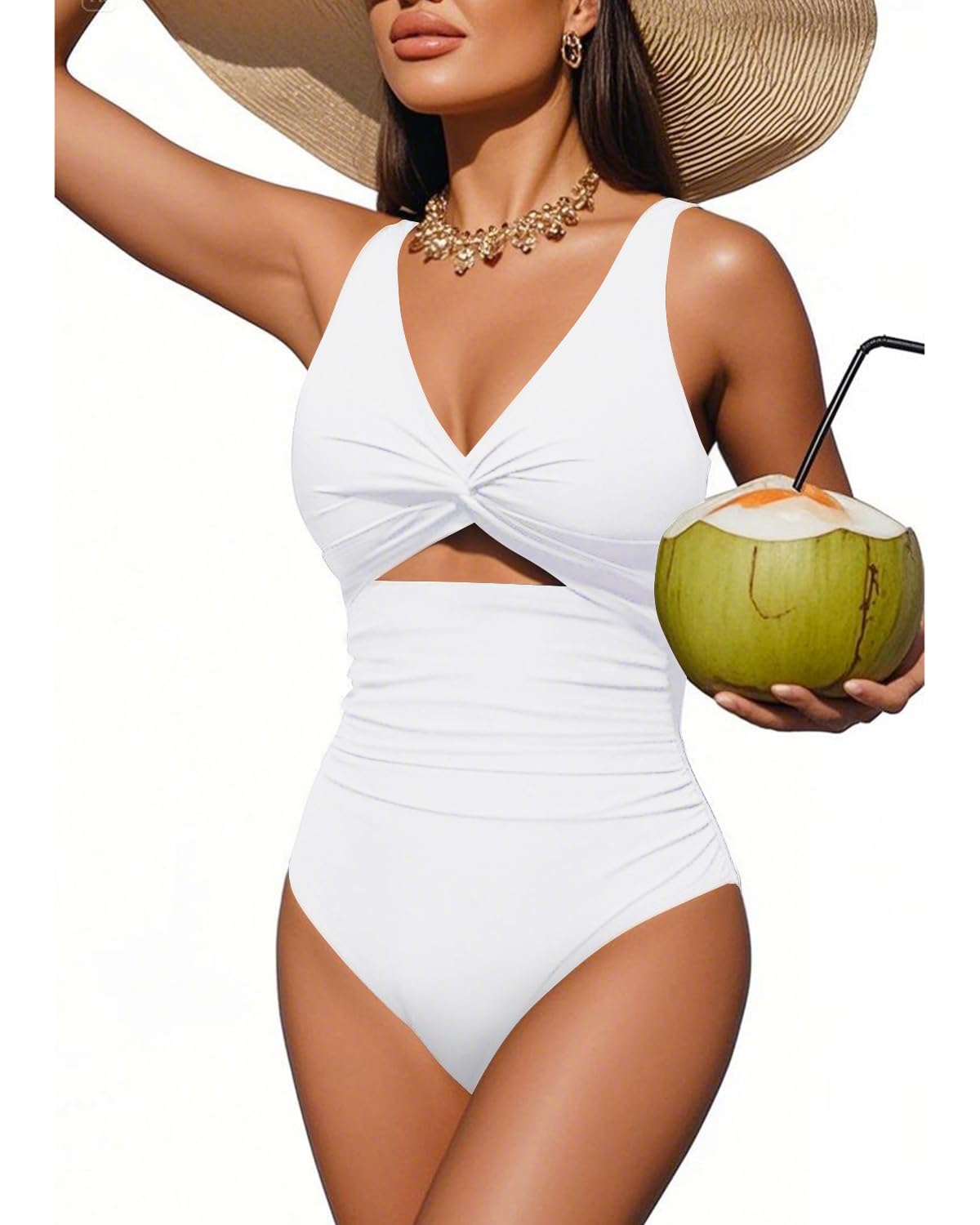 Photo 1 of Tempt Me Women White One Piece Swimsuits Tummy Control Cutout Bathing Suits Ruched V Neck Twist Front Swimwear XL