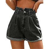 JASAMBAC Women's High Waisted Denim Shorts Rolled Hem Wide Leg Casual Jean Shorts with Pockets