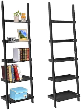 Outdoortips 70 Black Wood Ladder Shelf Wall Leaning Bookcase Living Room Slanted Display Shelving Amazon Co Uk Kitchen Home
