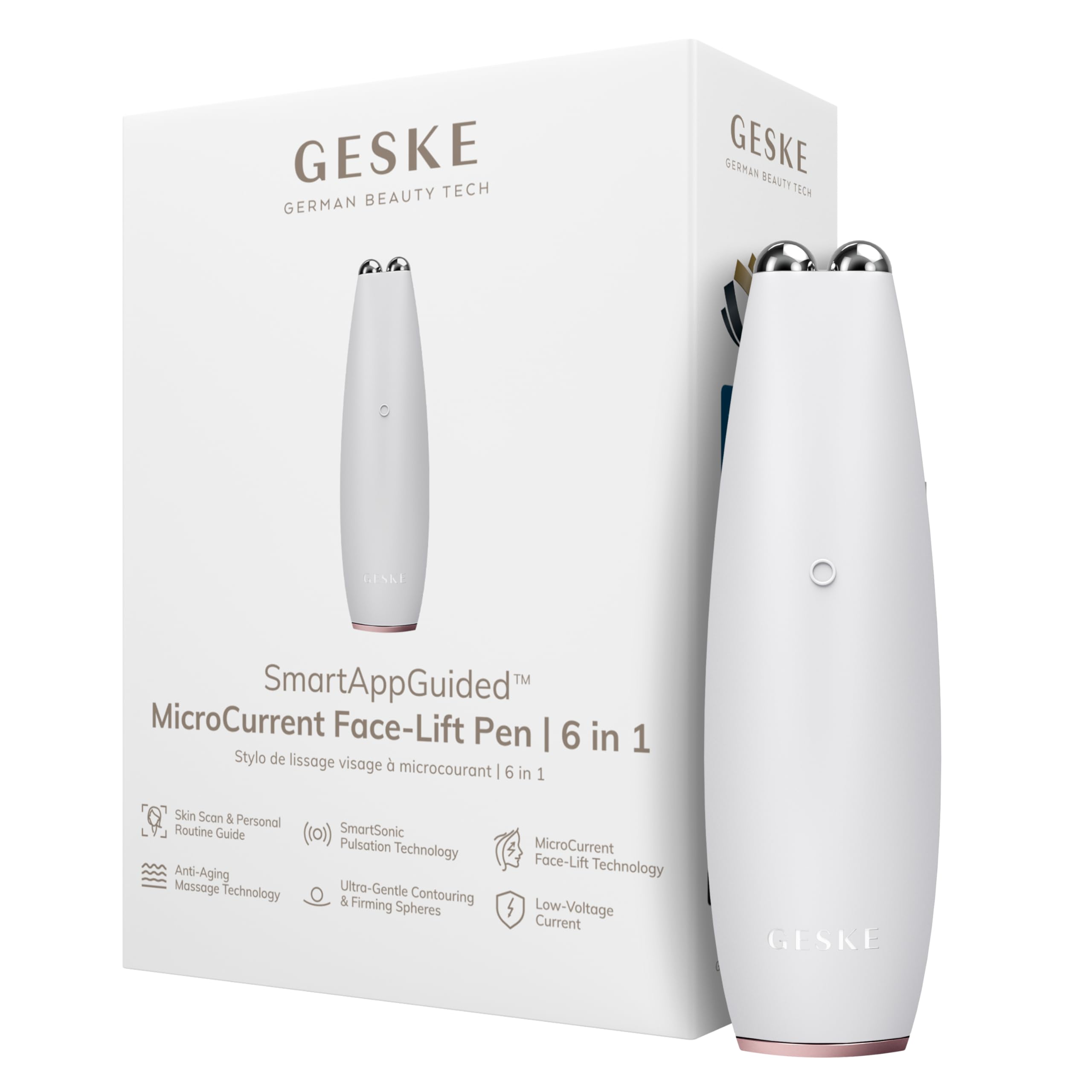 GESKE SmartAppGuided™ MicroCurrent Face-Lift Pen | 6 in 1 | Anti-aging device | Instant face lift | Skincare tool | Remove wrinkles for firm & youthful skin | Advanced smoothing facial firmer