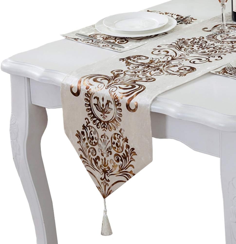 PHNAM Floral Suede Table Runner and 4 Pieces Placemats White Set with Pendant Tassel 13x120 Inches Modern Jacquard Elegant Classic for Kitchen Coffee Dining Home Décor Multi-Size