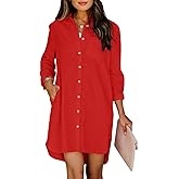Paintcolors Women's Button Up Tunics Cotton Button Down Shirt Dresses with Pockets Solid Color High Low Blouse Tops