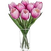 Briful Fake Flowers Artificial Tulip Flower in Clear Vase, Purple Real Touch Foam Tulip Arrangement Suitable for Home Office Decoration, Dining Table Centerpiece