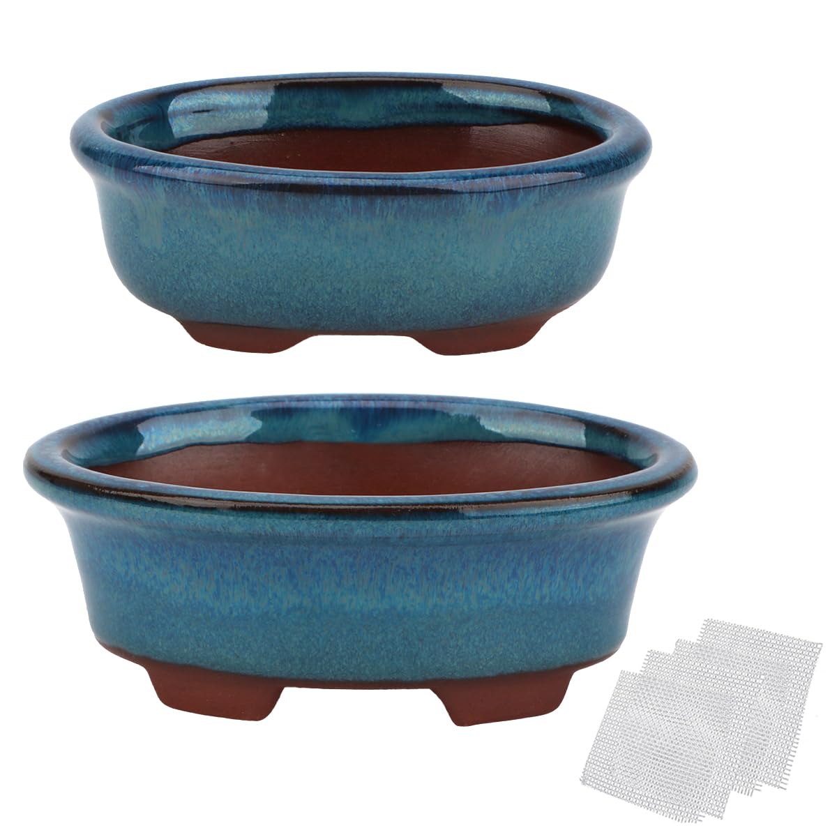 happy bonsai Small Glazed Pots, Value Pack of 2 + 4 Soft Mesh Drainage Screens