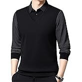 Men's Striped Lapel Fake Two-Piece Shirt Long Sleeve, Fake 2-Piece Knitted Shirt Polo Shirts, Business Casual Shirt Top