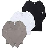 90 Degree By Reflex Womens 3 Pack Ribbed Seamless Crew Neck, Scoop Neck and Sqaure Neck Long Sleeve Top