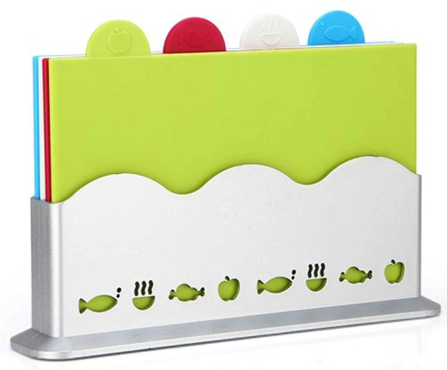 EVST Premium 4pc Index Chopping Board Set with Stand - Compact, Great for Meat, Fish, Vegetables, Cooked Food & Extra Chopping Space