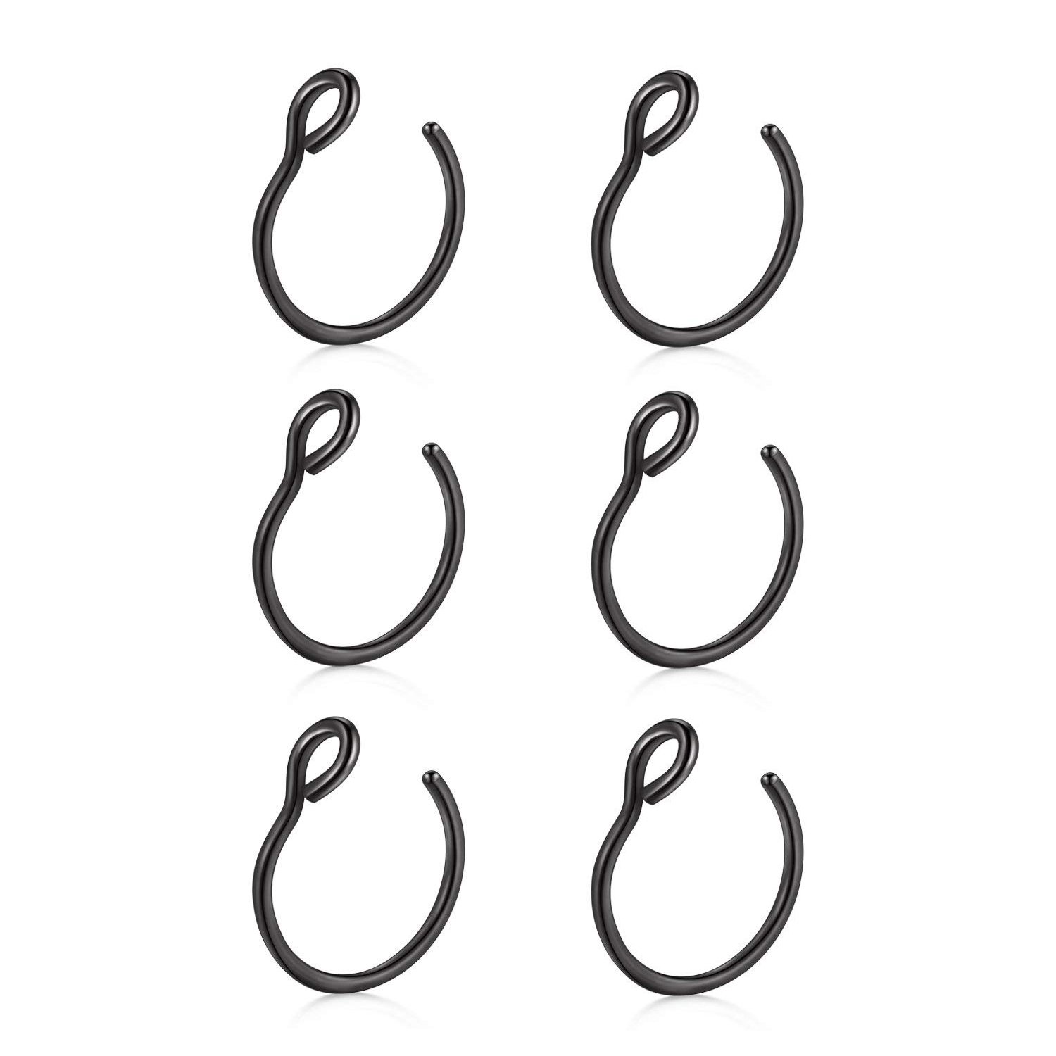 JFORYOU 6 Pieces 316L Steel Nose Ring Nose Hoop Fake Nose Ring Piercing Body Jewelry, Black 20 Gauge 8mm — image 1