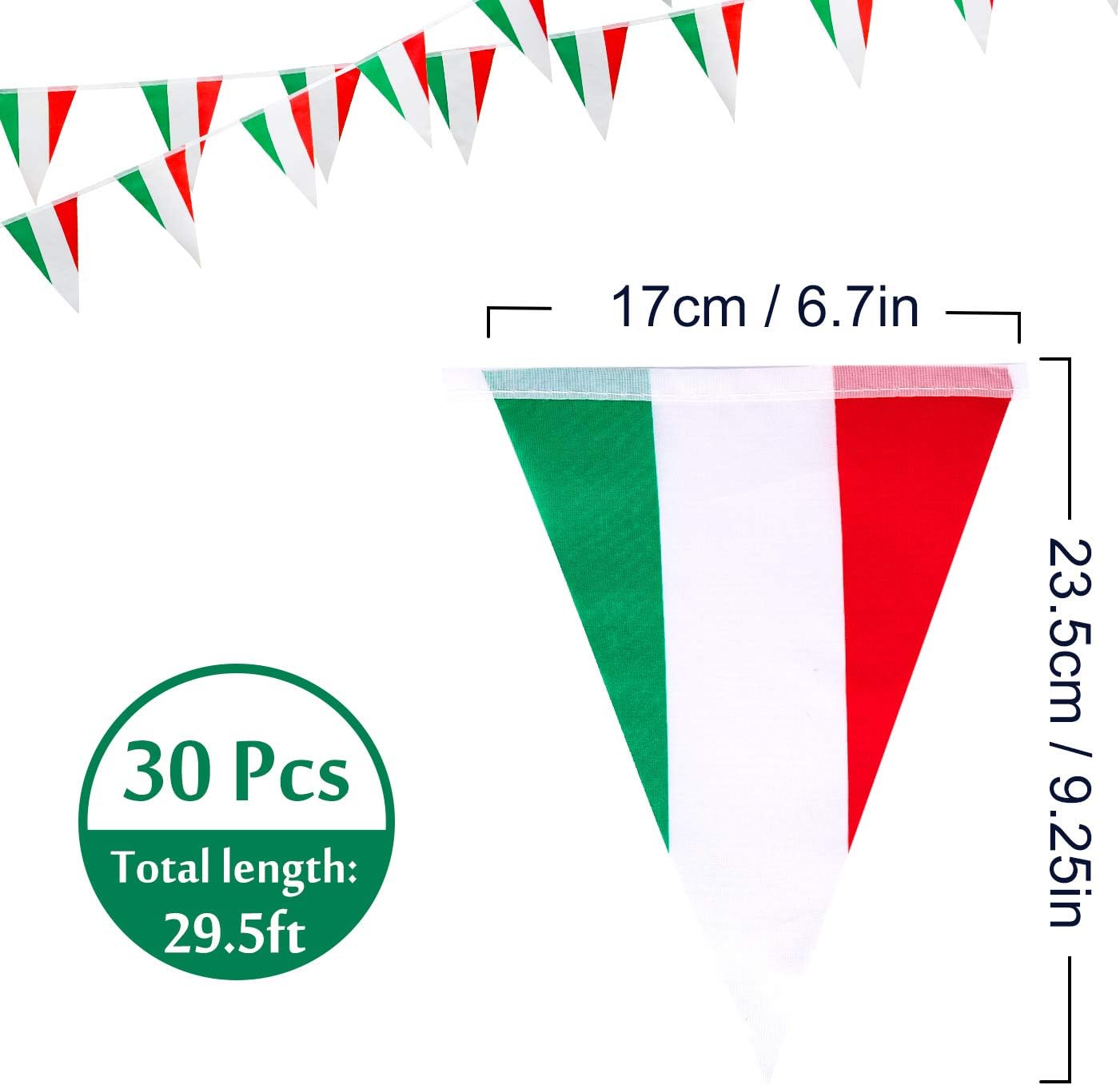 Whaline Italy Pennant Bunting Banner 30Pcs Triangle Flag String Banner 29.5FT Italy Full Flag Patriotic Hanging Garland for Parades Sports Event Football World Cup International Festival Party Decor - Image 3
