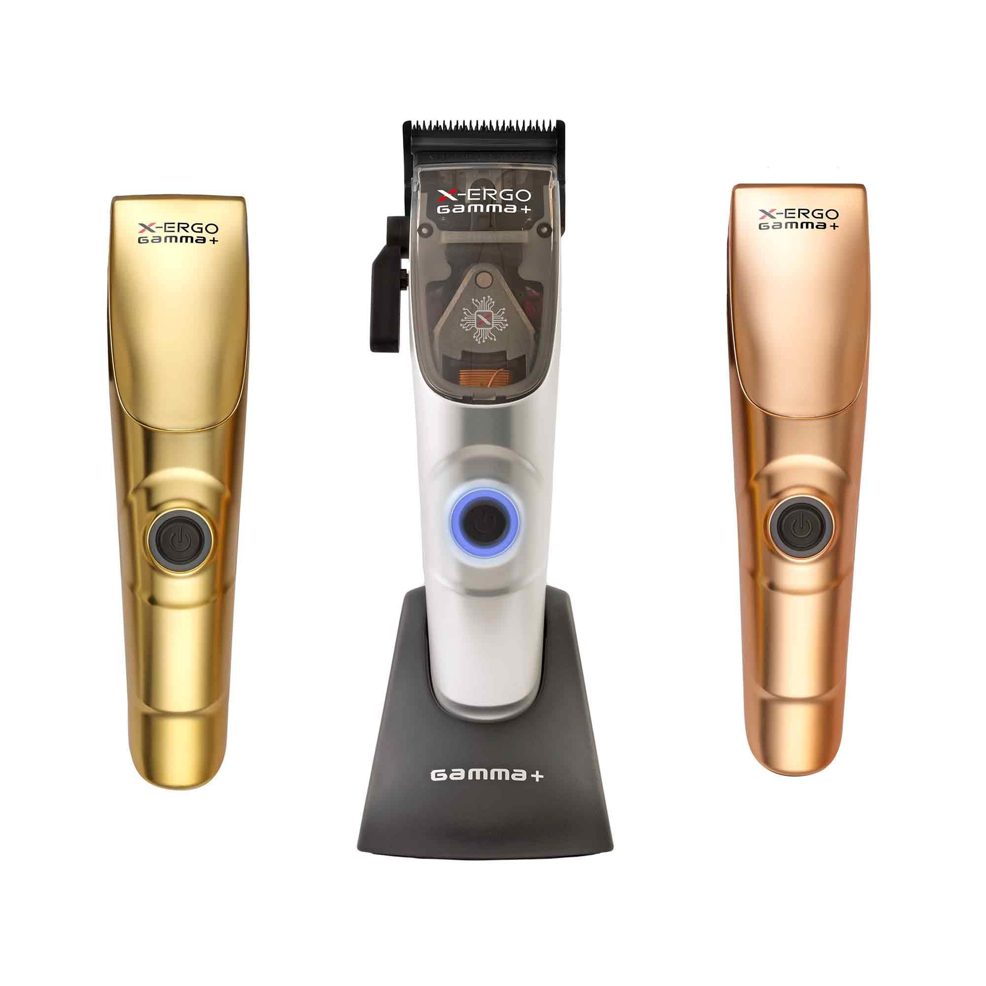 GAMMA+ X-Ergo Professional Cordless Hair Clipper 9V Microchipped Magnetic Motor, 3 Custom Lids in Matte Chrome, Gold, Rose Gold