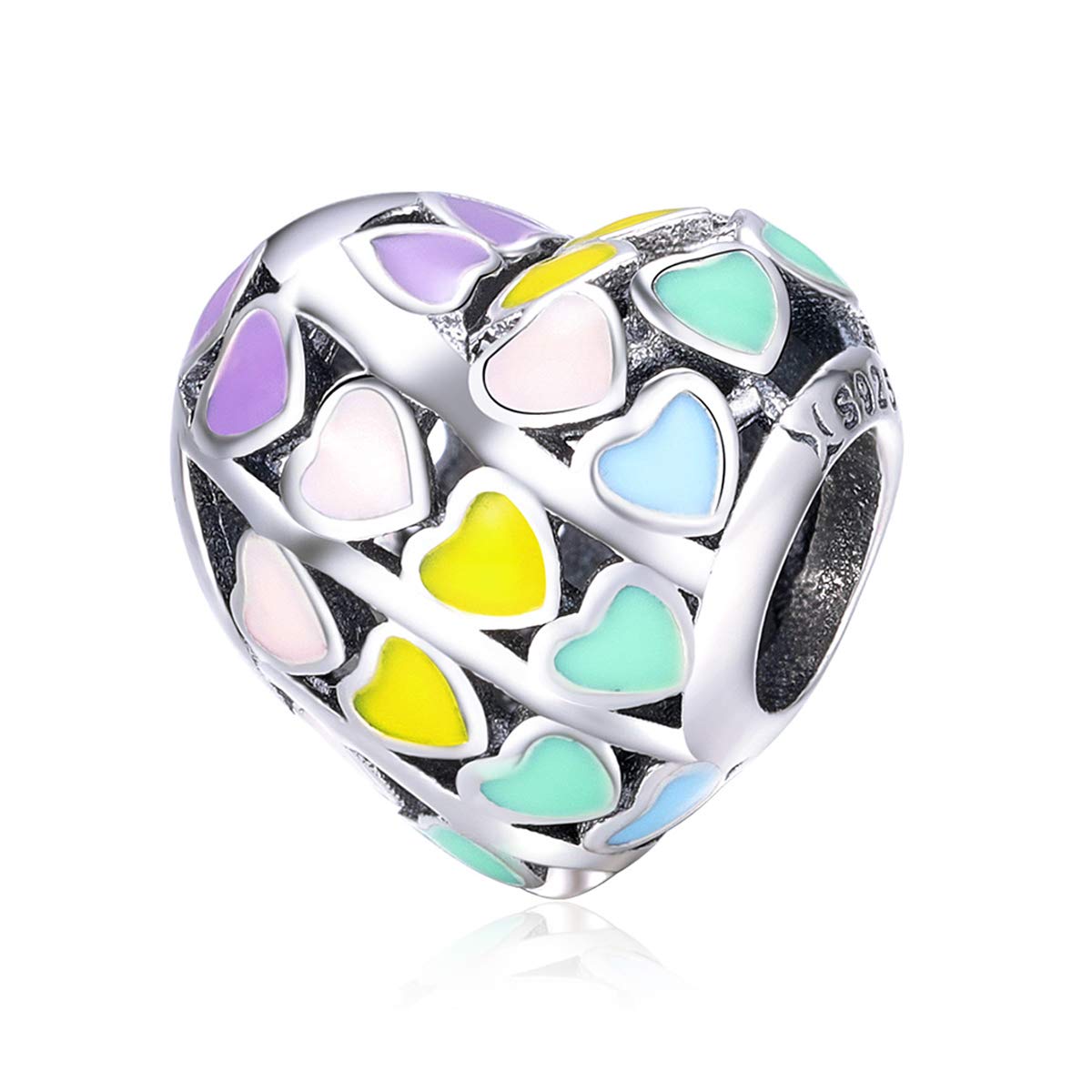 LaMenars Rainbow Heart Charms Real 925 Sterling Silver Bead Charm Fits European Bracelets & Necklaces