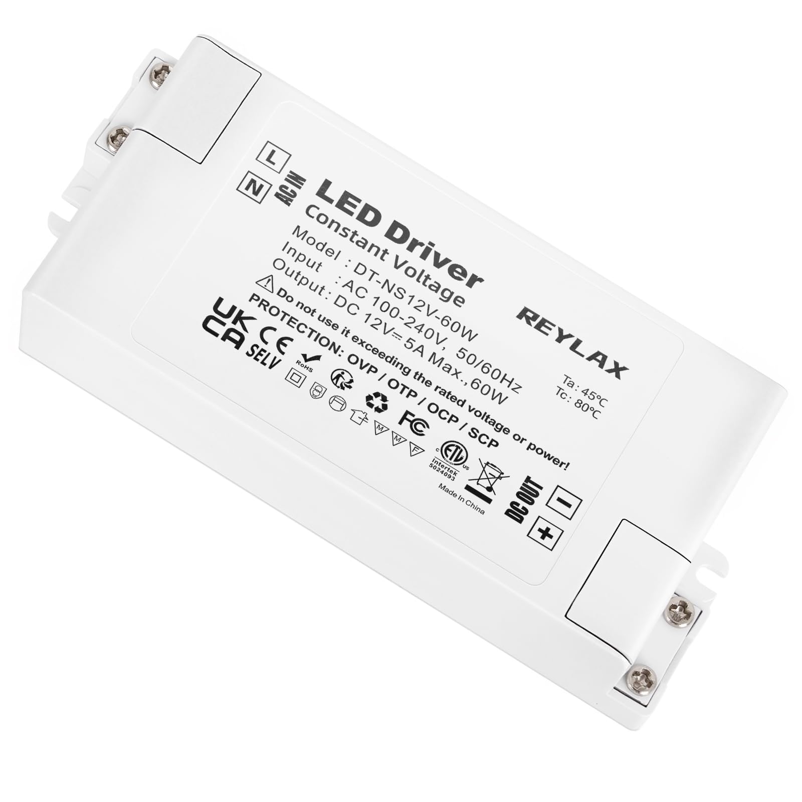 REYLAX 12V 60W 5A LED Driver, 240V AC to 12V DC Transformer, Constant Voltage Power Supply for Strip Light, Downlight, Display and G4, MR11, MR16 Bulbs