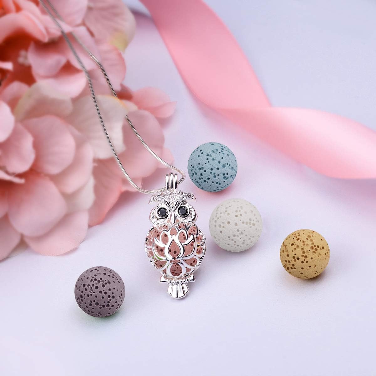 EUDORA Aromatherapy Diffuser Oil Owl Necklace for Women Aromatherapy Essential Oil Diffuser Pendant with 7PCS Lava Stone, 24" - Image 3