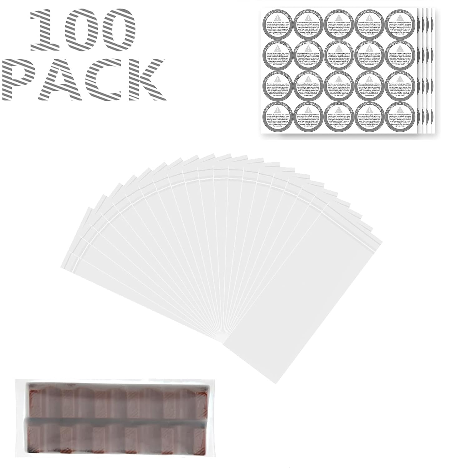 JUSONEY Wax Melts Packaging - 100pcs Wax Melt Snap Bar Packaging - Open Top,152mm x 64mm + 100pcs Round Safety Warning Stickers