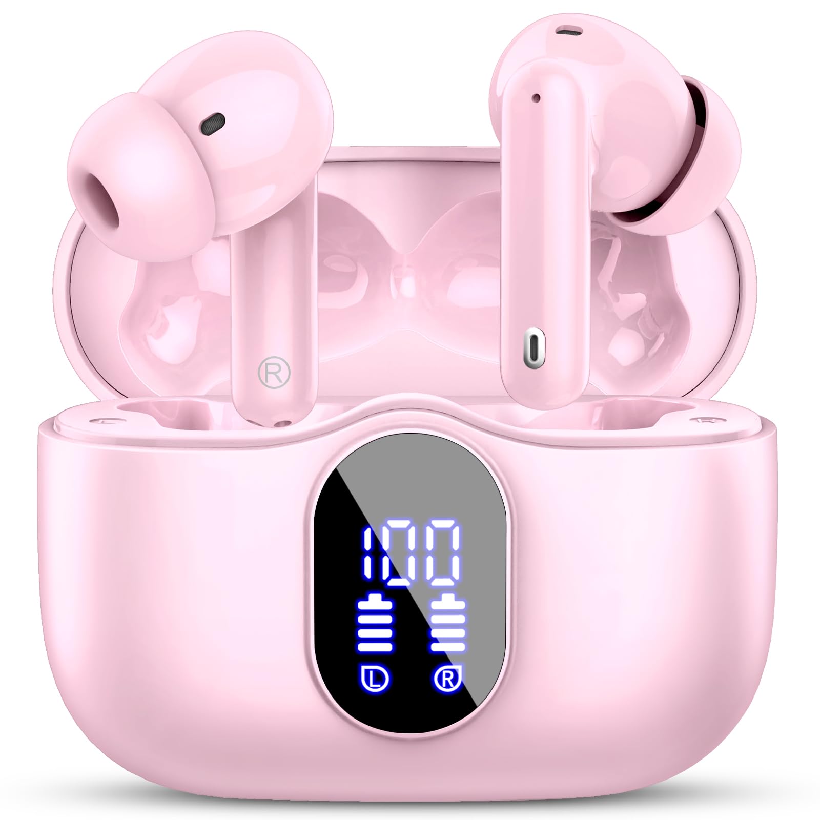 Wireless Earbuds, Bluetooth 5.4 Headphones In Ear with 4 ENC Noise Cancelling Mic, Bluetooth Earbuds Mini Deep Bass Stereo Sound, 36H Playtime LED Display Wireless Earphones IP7 Waterproof, Pink