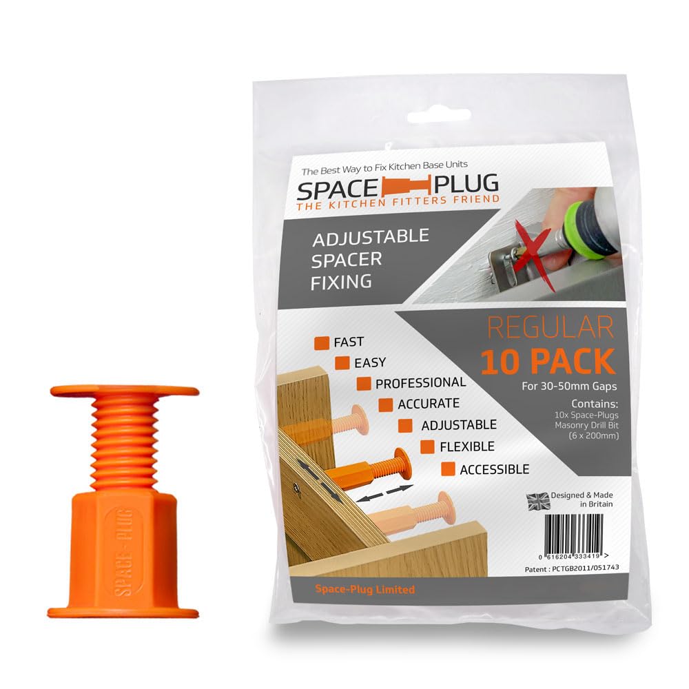 Space-Plug Adjustable Spacer Fixings (Regular size for 30-50mm gaps), 10 Pack of Original Orange Spacers, Professional & DIY use for kitchen, bedroom, bathroom & furniture installations