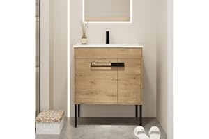 SSLine 2-in-1 Wall Mounted & Free Standing Bathroom Vanity with Sink Modern 30" Bathroom Vanity with Top Basin&Storage Cabinet Brown Oak Wood Bath Vanity w/Ceramic Sink for Small Space-Legs Removable