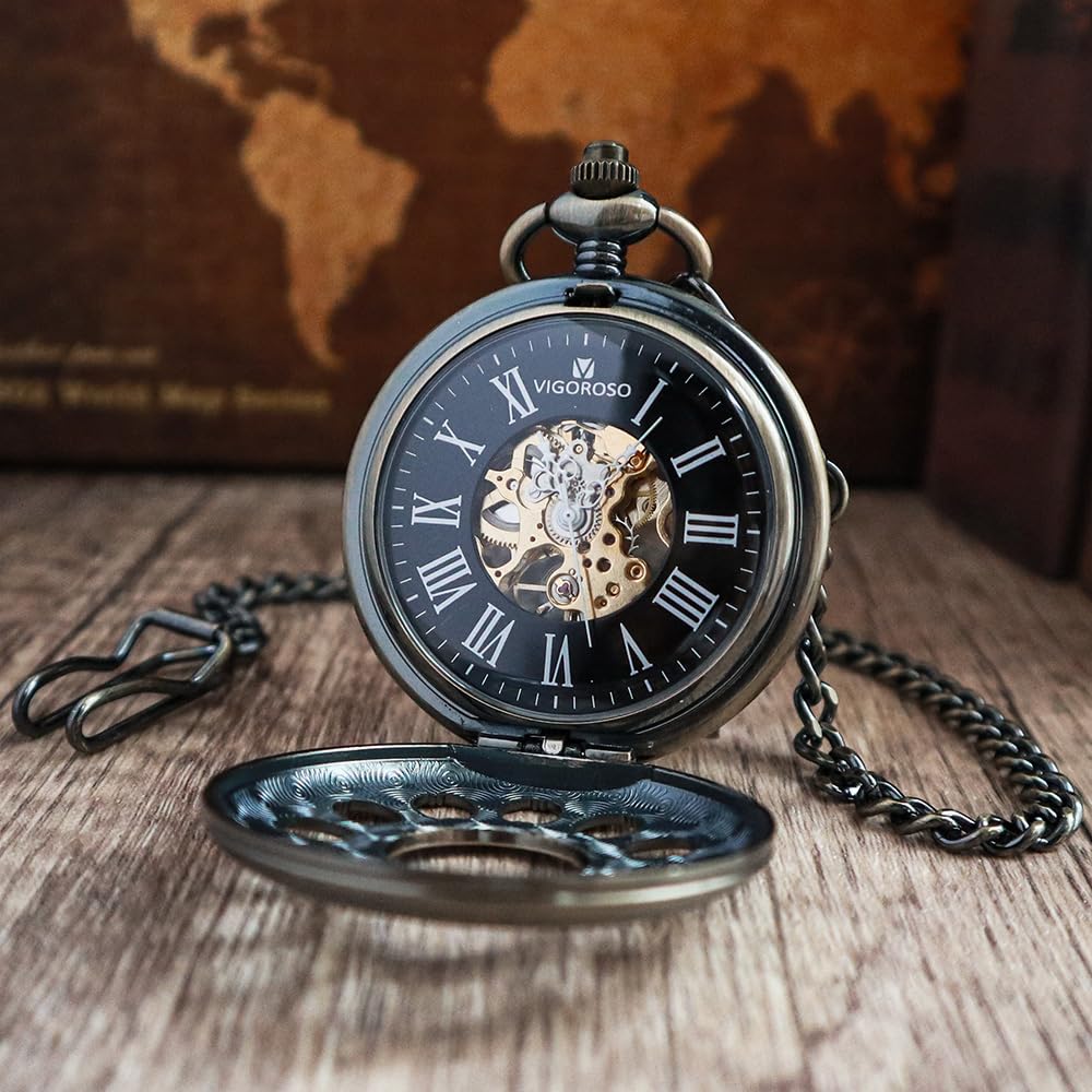 VIGOROSO Vintage Hand Wind Up Pocket Watches for Men, Mechanical Pocket Watch with Chain, Mens Skeleton Pocketwatch