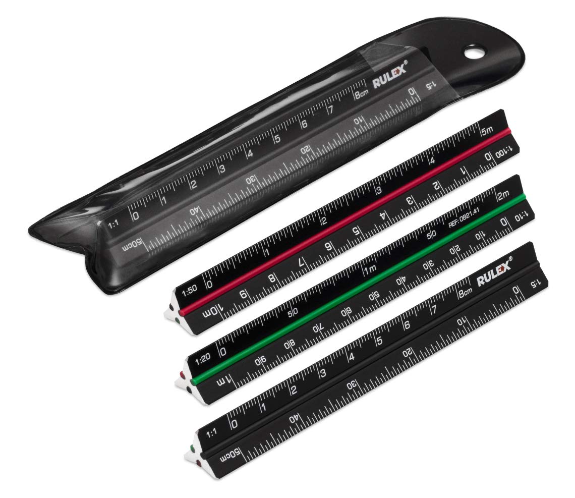 Rulex 100mm 10cm Micro Black Metal Triangular Scale Ruler with Coloured Stripes and Scales: Side 1 – 1:1 & 1:5, Side 2 – 1:20 & 1:10, Side 3 – 1:50 & 1:100