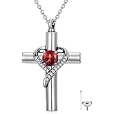 TOUPOP Cross Urn Necklaces for Ashes Birthstone Cremation Jewelry 925 Sterling Silver Heart Cross Memorial Keepsake Funeral Jewelry for Women (with Funnel Filler)