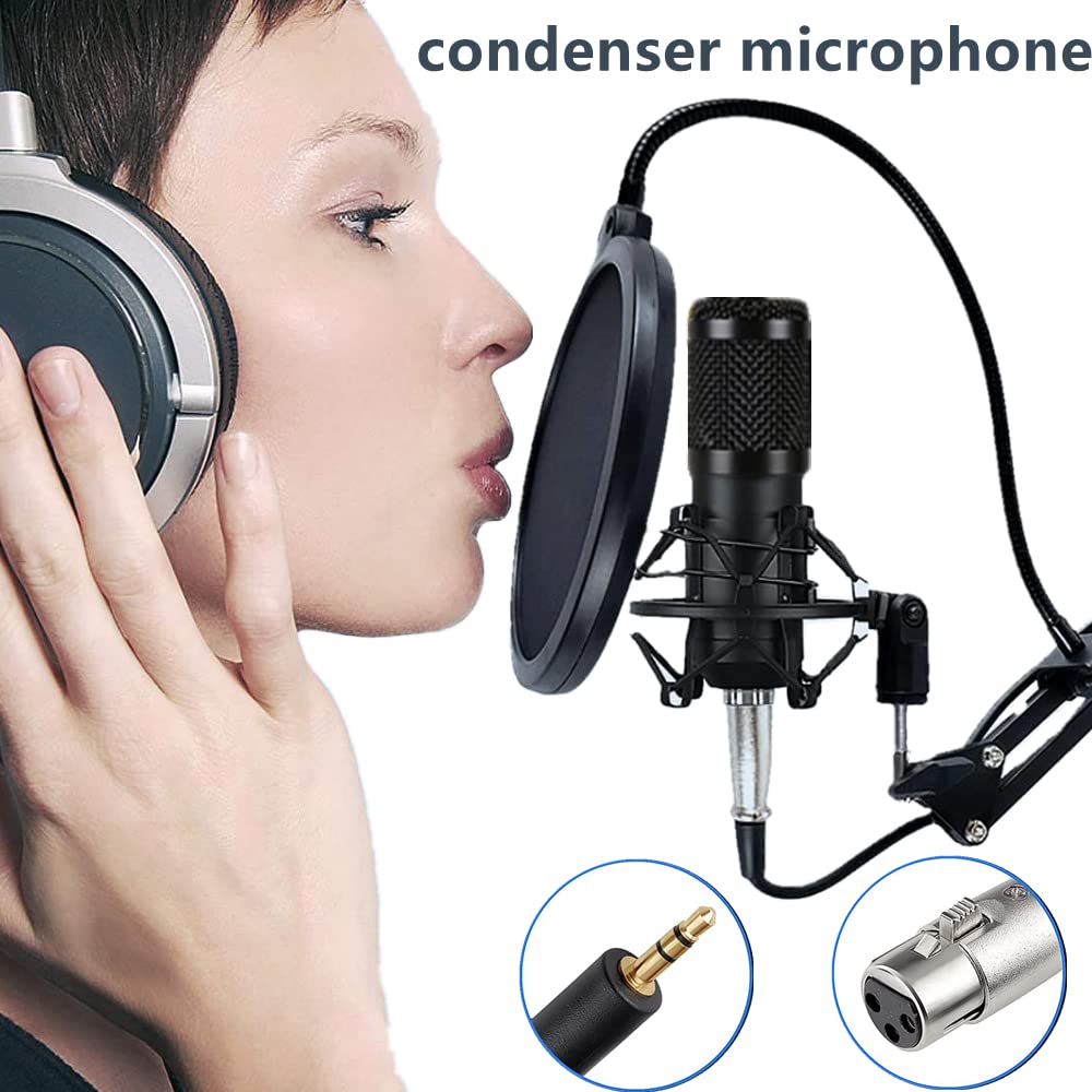 Podcast Equipment Bundle, BM-800 Mic Kit with Live Sound Card, Adjustable Mic Suspension Scissor Arm, Metal Shock Mount and Double-Layer Pop Filter for Studio Recording & Broadcasting (CF200-Black)