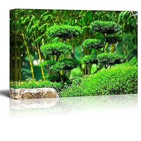 Serene Japanese Garden with Sculpted Trees - Canvas Art Home Art - 12x18 inches